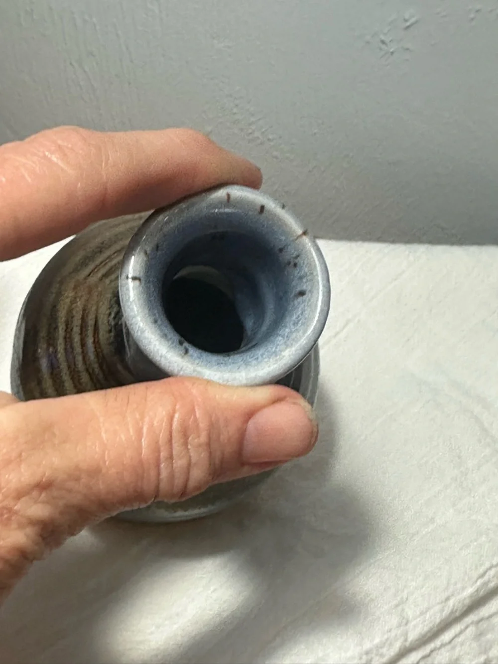 Signed Studio Pottery, Ceramic Bud Vase in Blue and Brown